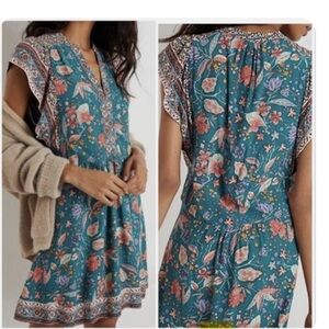 Anthropologie S Small Zenia Floral Flutter Short Sleeve V-Neck Mini Dress Teal